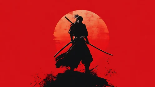 Samurai silhouette stands before large red rising sun