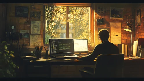 Golden hour coder in a cozy sunlit workspace retreat.