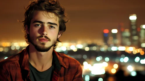 Moody young man before neon city bokeh at nightfall.