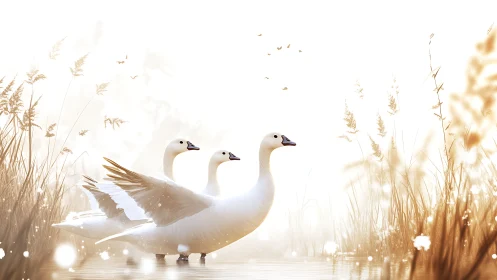 Three white ducks in soft golden wetland light at dawn