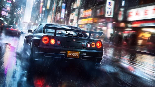 Cyberpunk street racer in rain-soaked neon urban corridor.