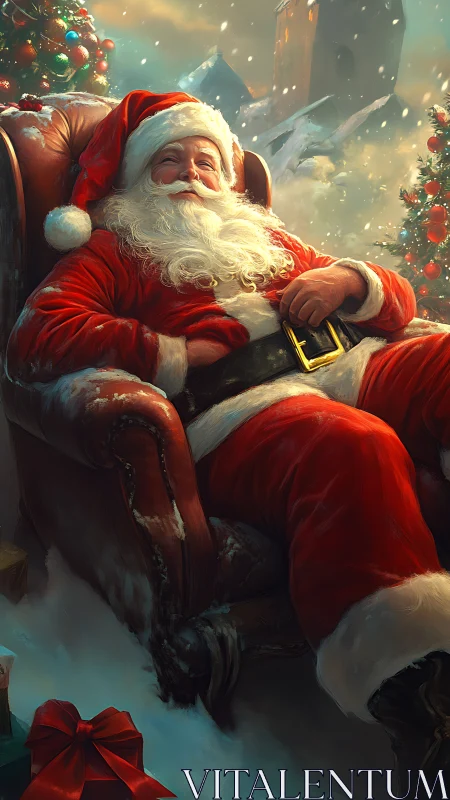 Resting Santa in leather armchair amid snowy Yuletide tableau.