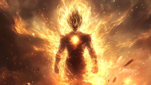 Fiery anime warrior silhouette surrounded by blazing aura.