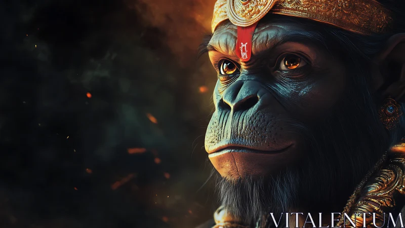 Regal warrior ape crowned in molten gold and embers.