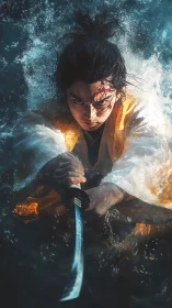 Warrior with katana emerging through dense water spray.