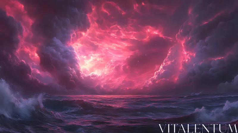 Crimson stormfront over turbulent digital seascape horizon.