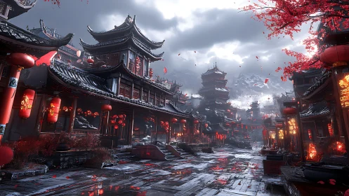 Lantern lit mountain street glowing under stormy skies.