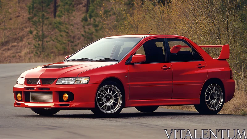 Red Mitsubishi Lancer Evolution sports sedan on forest road.