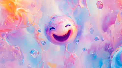 Chromatic fluid smiley sphere in iridescent vapor field.