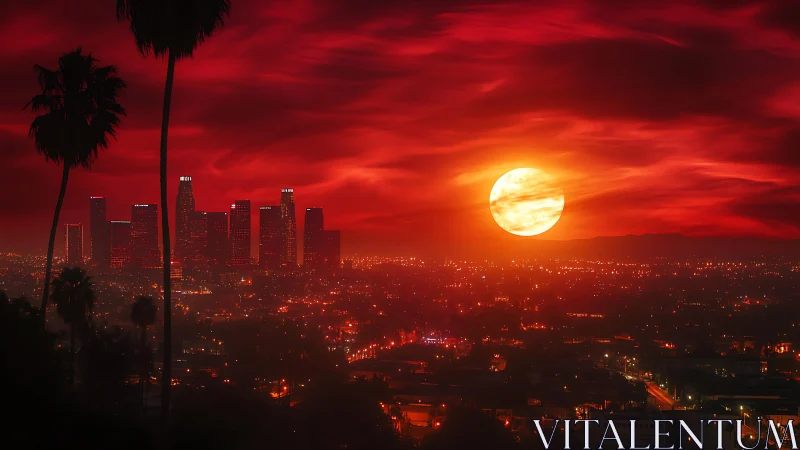 Fiery red sunset settles gently over a glowing city skyline
