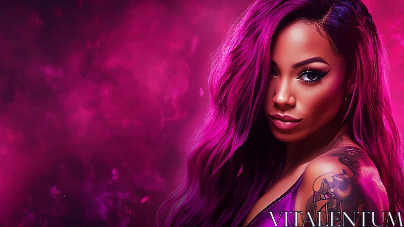 Digital portrait of woman with magenta hair and tattooed arm.