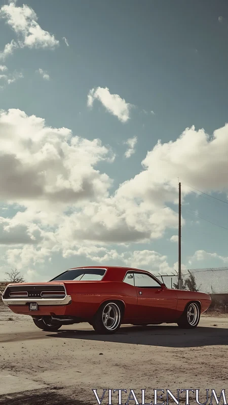 Photorealistic classic muscle car under expansive desert sky.