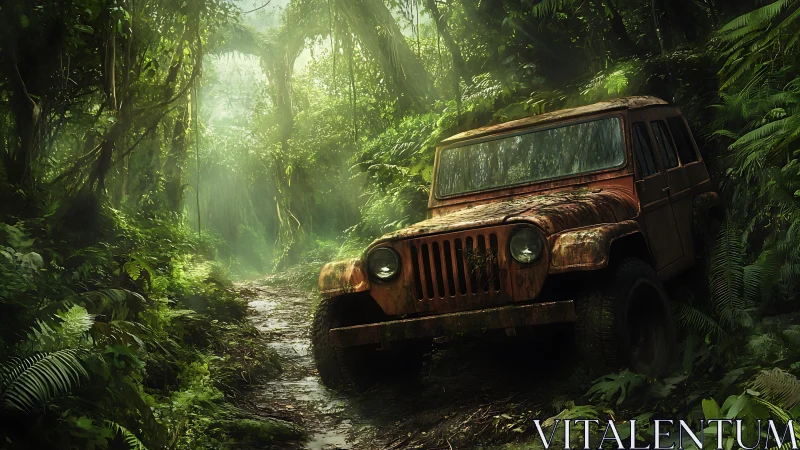 Rusty off-road jeep rests abandoned in dense jungle trail