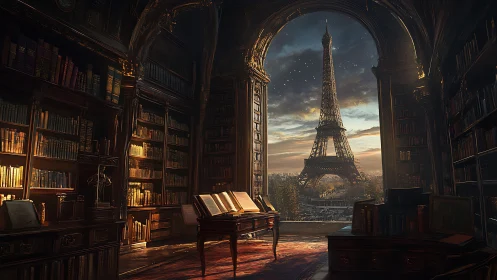 Parisian library interior frames Eiffel Tower at sunset