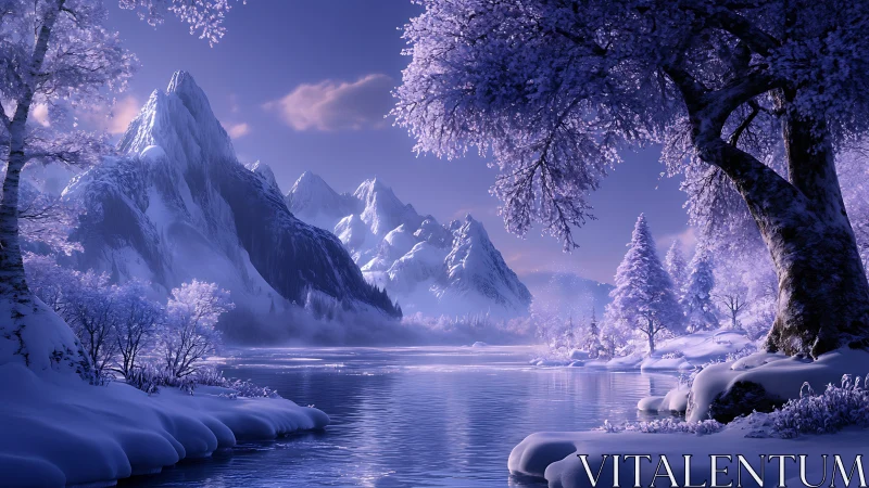 Icy mountain lake under violet twilight sky glows softly
