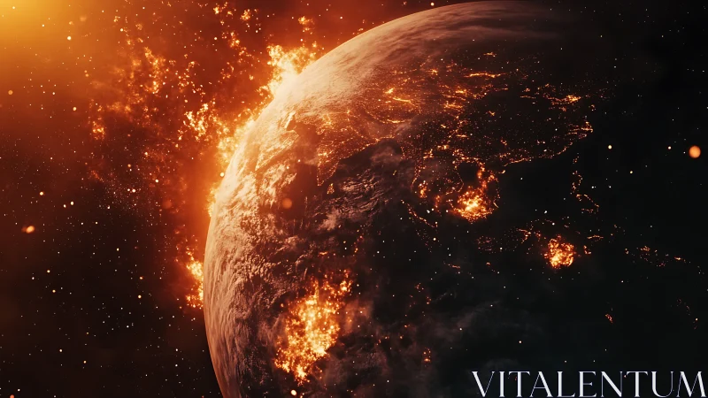 Fiery Earth glowing in space with dramatic burning light.