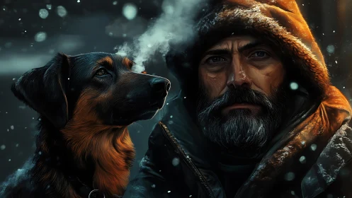 Dog and bearded man in heavy winter snow at night.