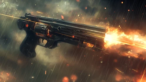 Futuristic revolver discharges blazing round in neon rain.