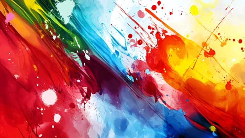 Diagonal rainbow paint streams explode across vibrant canvas