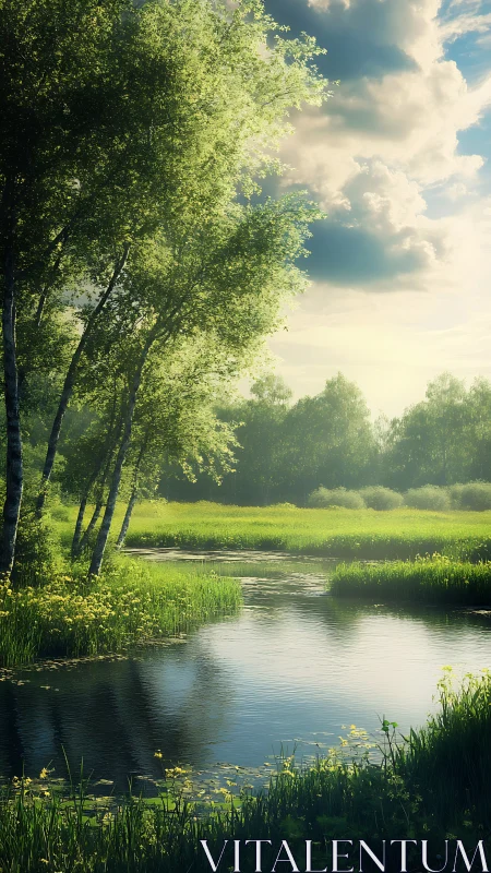 Sunlit riverside meadow with reflective still water surface.