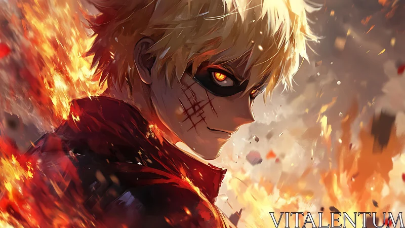 Flame-wreathed anime antihero rendered with dynamic lighting effects