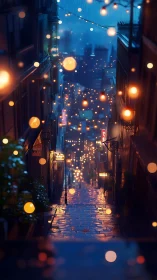 Lantern-lit rain alley humming with midnight city secrets.