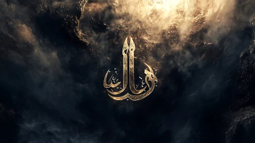 Golden Arabic calligraphy emblem over stormy dark clouds.