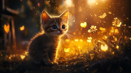 Young feline subject positioned in warm-toned botanical environment with ambient light particles.