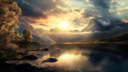 Sunrise crowns misty mountains over a mirror-still lake.