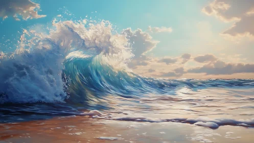 Sunlit ocean wave curls toward shore in gentle motion