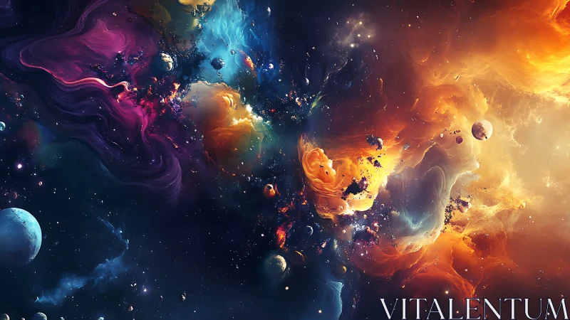 Cosmic nebula clouds mix vivid colors with scattered planets