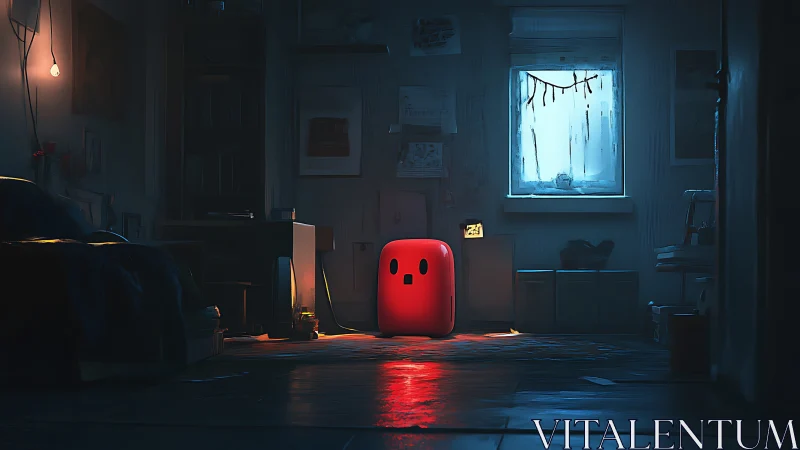 Red cubic robot glows in moody blue-lit bedroom interior