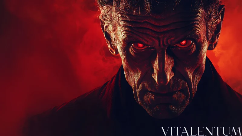 Glimmering red-eyed figure emerging from swirling shadowed fire.