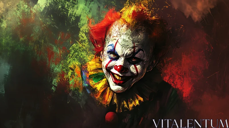 Grinning nightmare clown emerges from a wildfire of color.