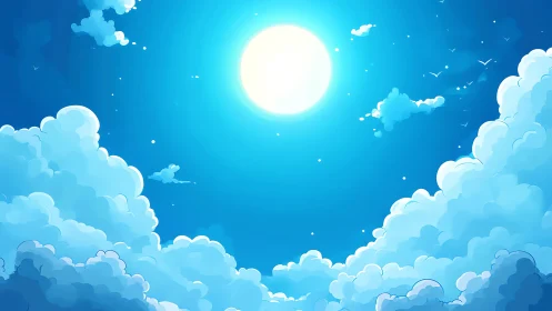 Bright circular sun over dense stylized cumulus clouds.