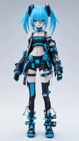 Futuristic blue haired anime girl in techwear outfit.