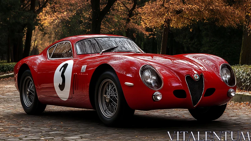 Scarlet vintage race car poised on cobblestone lane at dusk.