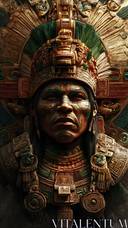 Mesoamerican warrior portrait with ornate carved headdress