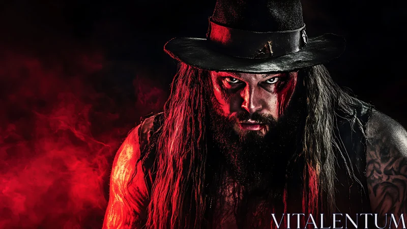 Low-key portrait of intense bearded man in hat, red smoke rimlight