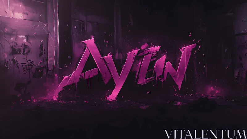 Neon pink Aylen graffiti text glows in dark urban space