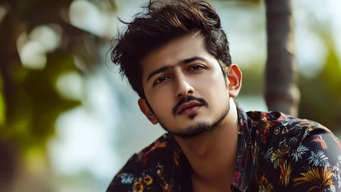 Portrait of young man in shallow-depth outdoor bokeh light.
