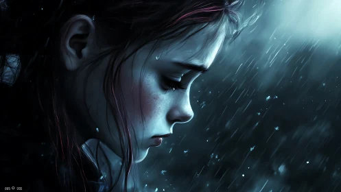 Melancholic girl profile under cold cinematic rainfall