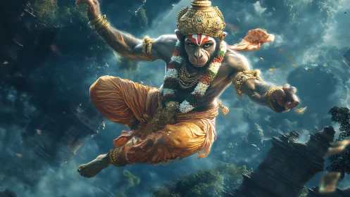 Divine simian warrior in dynamic midair mythic leap.