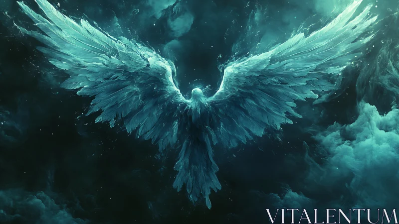 Celestial angel spreads radiant teal wings in cosmic storm.