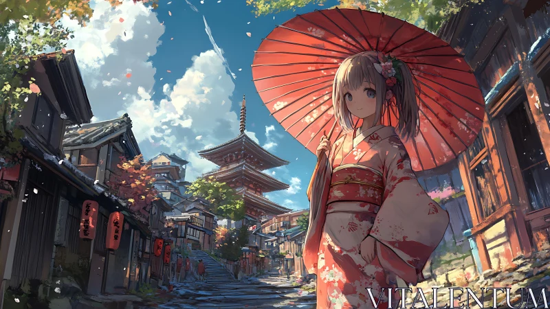 Kimono girl walks old Kyoto street under red parasol