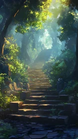 Sunlit Forest Stairway with Golden Canopy.
