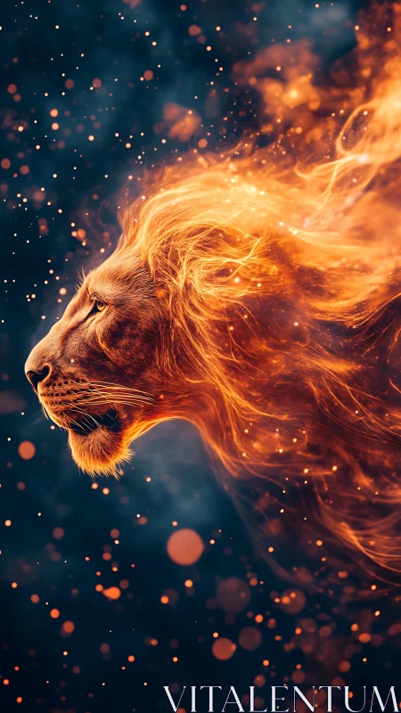 Fiery lion profile with blazing mane in cosmic night.