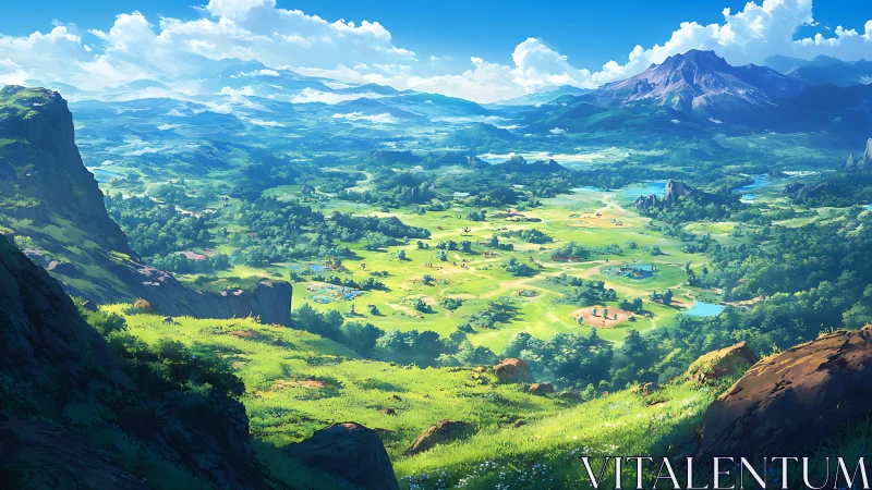 Rolling green kingdoms spill into a sunlit fantasy valley