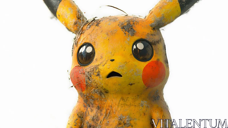 Weathered yellow creature sculpture stands in stark white space.