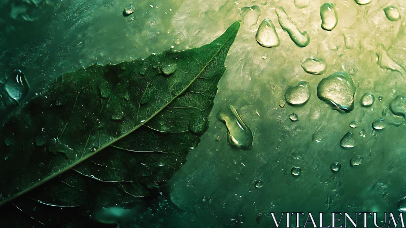 Macro botanical study of leaf surface and water droplets.